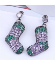 Glistening Two-color Stitching Unique Design Christmas Boots Wholesale Earrings - Purple Green