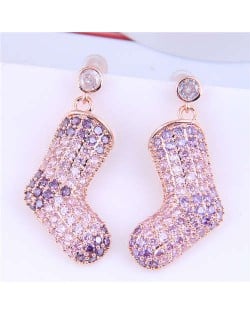 Glistening Two-color Stitching Unique Design Christmas Boots Wholesale Earrings - Pink Violet