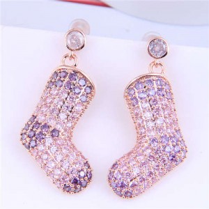 Glistening Two-color Stitching Unique Design Christmas Boots Wholesale Earrings - Pink Violet