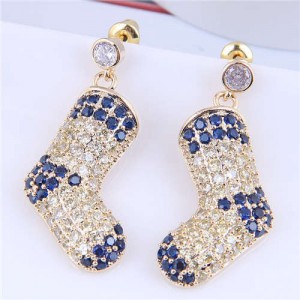 Glistening Two-color Stitching Unique Design Christmas Boots Wholesale Earrings - White Blue
