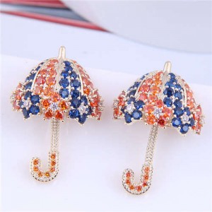 Dazzling Shining Cubic Zirconia Cute Umbrella Fashion Wholesale Jewelry Golden Earrings - Orange Blue