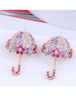 Dazzling Shining Cubic Zirconia Cute Umbrella Fashion Wholesale Jewelry Golden Earrings - Pink Violet