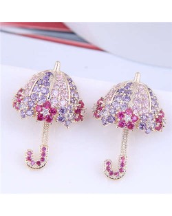 Dazzling Shining Cubic Zirconia Cute Umbrella Fashion Wholesale Jewelry Golden Earrings - Pink Violet