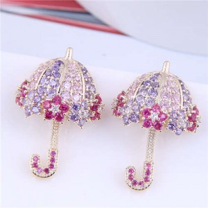 Dazzling Shining Cubic Zirconia Cute Umbrella Fashion Wholesale Jewelry Golden Earrings - Pink Violet