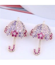 Dazzling Shining Cubic Zirconia Cute Umbrella Fashion Wholesale Jewelry Golden Earrings - Pink Violet