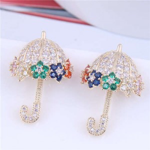 Dazzling Shining Cubic Zirconia Cute Umbrella Fashion Wholesale Jewelry Golden Earrings - White Colorful