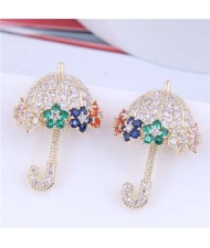 Dazzling Shining Cubic Zirconia Cute Umbrella Fashion Wholesale Jewelry Golden Earrings - White Colorful