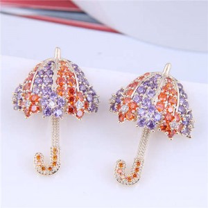 Dazzling Shining Cubic Zirconia Cute Umbrella Fashion Wholesale Jewelry Golden Earrings - Orange Lavender