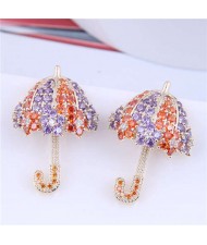 Dazzling Shining Cubic Zirconia Cute Umbrella Fashion Wholesale Jewelry Golden Earrings - Orange Lavender