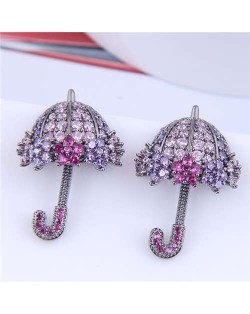 Dazzling Shining Cubic Zirconia Cute Umbrella Fashion Wholesale Jewelry Golden Earrings - Purple Rose
