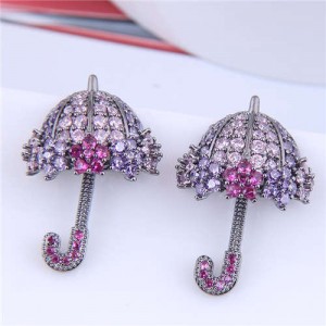 Dazzling Shining Cubic Zirconia Cute Umbrella Fashion Wholesale Jewelry Golden Earrings - Purple Rose