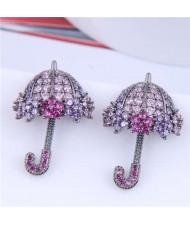 Dazzling Shining Cubic Zirconia Cute Umbrella Fashion Wholesale Jewelry Golden Earrings - Purple Rose