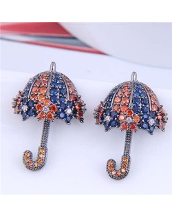 Dazzling Shining Cubic Zirconia Cute Umbrella Fashion Wholesale Jewelry Golden Earrings - Ink Blue Orange