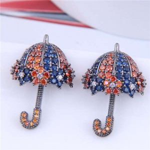 Dazzling Shining Cubic Zirconia Cute Umbrella Fashion Wholesale Jewelry Golden Earrings - Ink Blue Orange