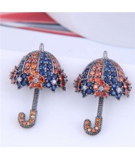 Dazzling Shining Cubic Zirconia Cute Umbrella Fashion Wholesale Jewelry Golden Earrings - Ink Blue Orange