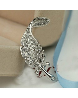 Rhinestone Inlaid Gorgeous Feather 18K Platinum Brooch