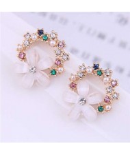 Colorful Rhinestone Embellished Sweet Lily Flower Wholesale Hoop Ear Studs