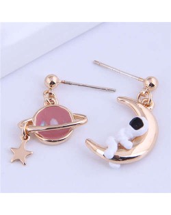 Unique Design Planet and Astronaut Golden Asymmetric Wholesale Earrings