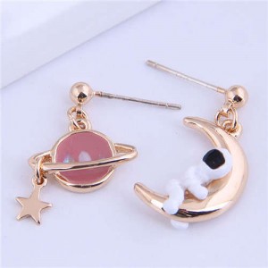 Unique Design Planet and Astronaut Golden Asymmetric Wholesale Earrings
