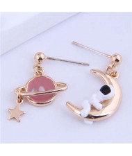 Unique Design Planet and Astronaut Golden Asymmetric Wholesale Earrings