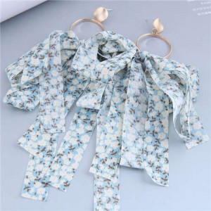 European and U.S Fashion Floral Cloth Tassel Long Wholesale Earrings - Blue