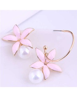 Elegant Oil-spot Glazed Wholesale Jewelry Lily with Pearl Design Women Asymmetric Earrings - Pink