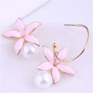 Elegant Oil-spot Glazed Wholesale Jewelry Lily with Pearl Design Women Asymmetric Earrings - Pink