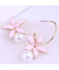 Elegant Oil-spot Glazed Wholesale Jewelry Lily with Pearl Design Women Asymmetric Earrings - Pink