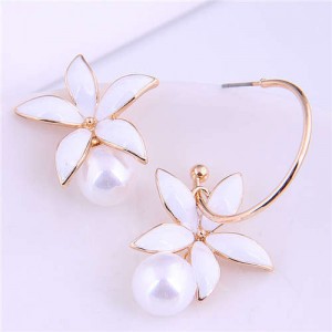 Elegant Oil-spot Glazed Wholesale Jewelry Lily with Pearl Design Women Asymmetric Earrings - White