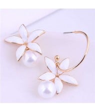 Elegant Oil-spot Glazed Wholesale Jewelry Lily with Pearl Design Women Asymmetric Earrings - White