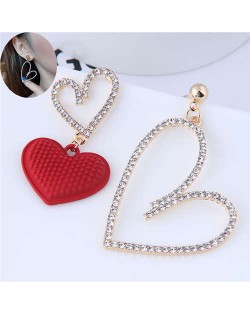 Wholesale Jewelry Rhinestone Alloy Heart with Red Peach Heart Combo Asymmetric Earrings