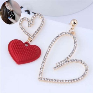 Wholesale Jewelry Rhinestone Alloy Heart with Red Peach Heart Combo Asymmetric Earrings