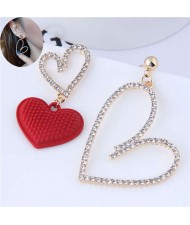 Wholesale Jewelry Rhinestone Alloy Heart with Red Peach Heart Combo Asymmetric Earrings