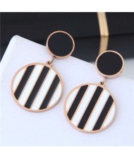 Black and White Stripes Round Shape Dangle Titanium Steel Fashion Statement Earrings