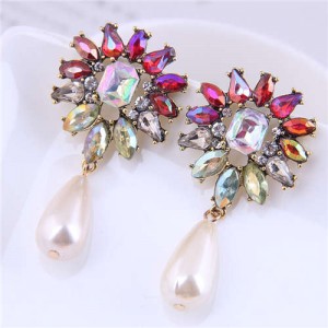 Shining Rhinestone Sun Flower with Dangle Pearl Drop Wholesale Costum Earrings