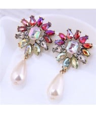 Shining Rhinestone Sun Flower with Dangle Pearl Drop Wholesale Costum Earrings