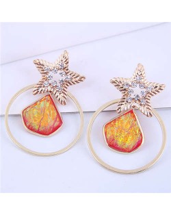 Hollow-out Five-pointed Star Unique Design Wholesale Jewelry Flame Color Resin Alloy Earrings