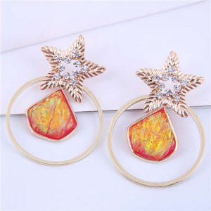 Hollow-out Five-pointed Star Unique Design Wholesale Jewelry Flame Color Resin Alloy Earrings