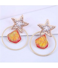 Hollow-out Five-pointed Star Unique Design Wholesale Jewelry Flame Color Resin Alloy Earrings