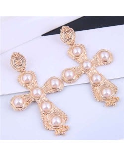 Aristocratic Relief Design Cross Golden Alloy Women Wholesale Statement Earrings