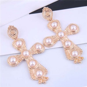 Aristocratic Relief Design Cross Golden Alloy Women Wholesale Statement Earrings