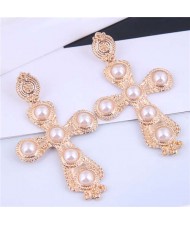 Aristocratic Relief Design Cross Golden Alloy Women Wholesale Statement Earrings