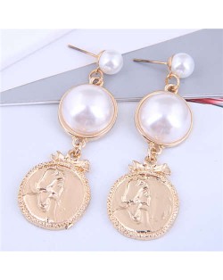 Character Relief with Resin Pearl Design U.S Fashion Wholesale Earrings - Golden
