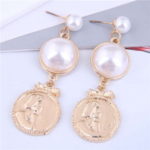 Character Relief with Resin Pearl Design U.S Fashion Wholesale Earrings - Golden