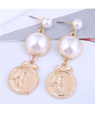 Character Relief with Resin Pearl Design U.S Fashion Wholesale Earrings - Golden