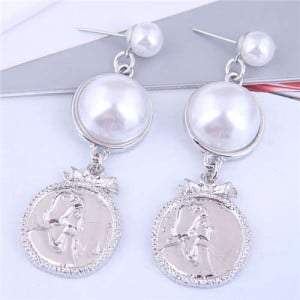Character Relief with Resin Pearl Design U.S Fashion Wholesale Earrings - Silver