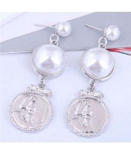 Character Relief with Resin Pearl Design U.S Fashion Wholesale Earrings - Silver