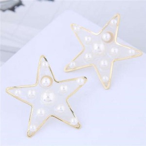 Elegant Pearl Decorated Transprent Five-pointed Star Alloy Women Costume Earrings