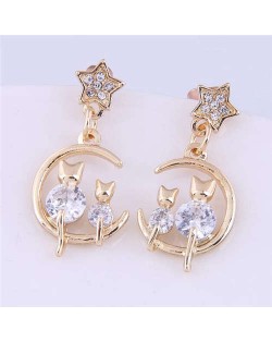 Cute Cats and Moon Design Wholesale Jewelry Women Alloy Golden Earrings