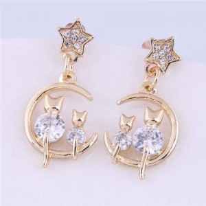 Cute Cats and Moon Design Wholesale Jewelry Women Alloy Golden Earrings